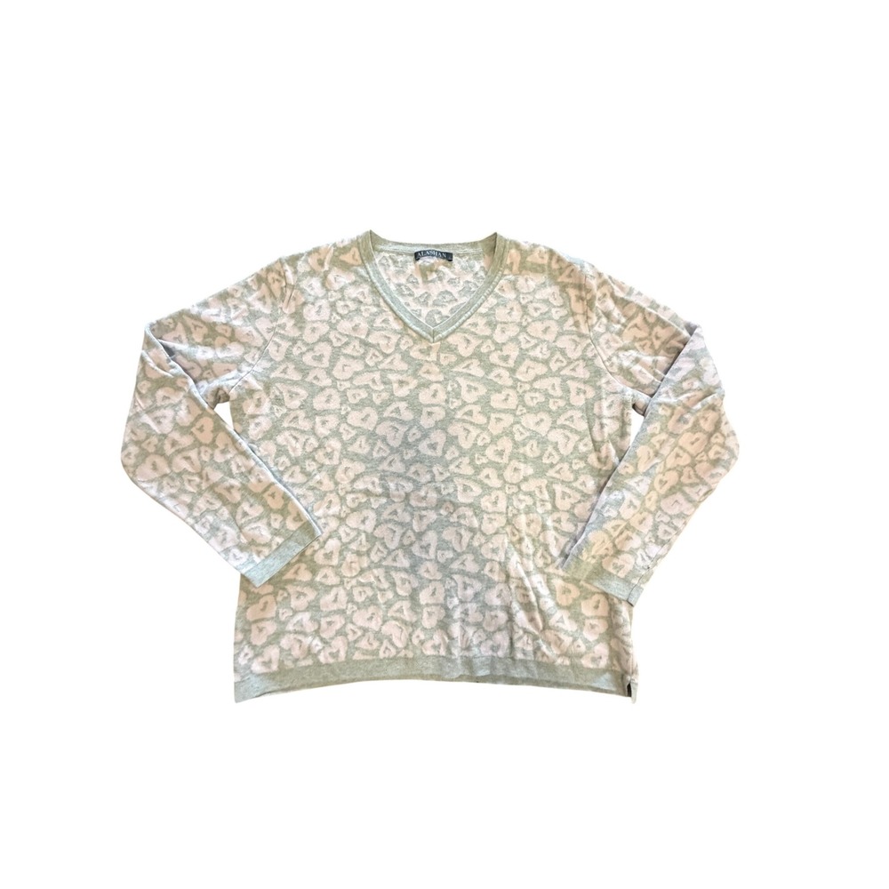 Alashan Cashmere Blend Sweater Sage Green Leopard Heart Print V Neck Soft L‎